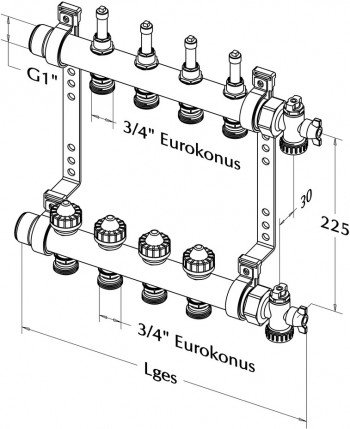 ROTH Heizkreisverteiler mit Durchflussanzeige, 2 Heizkreise, Messing, absperrbar