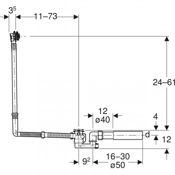 Geberit Badewannenablauf mit Drehbetätigung, d52, Länge 73 cm, mit Fertigbauset