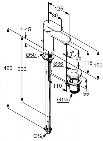 DIANA Waschtischmischer Serie O200 Neu Höhe 100mm, mit Ablaufgarnitur, Niederdruck, chrom