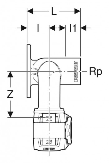 GEBERIT FlowFit Doppelanschlusswinkel  25 mm x 1/2" x 20 mm, L: 52 mm, 90° Rotguss