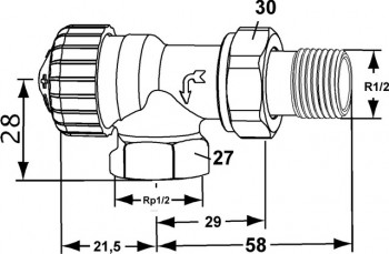 Heimeier Thermostatventil V-exakt II 1/2" Eck, umgekehrte Flussrichtung, Voreinst.