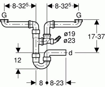 Geberit Spültisch-Ablauf für 2 Becken 40mm x 1 1/2", Raumsparmodell