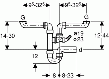 Geberit Spültisch-Ablauf für 2 Becken 50mm x 1 1/2", Raumsparmodell